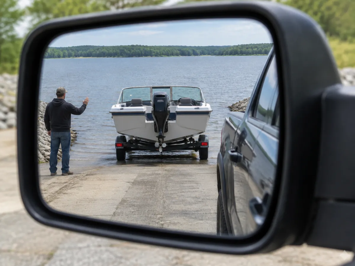 Illustration: a driver backing a boat trailer down a ramp, seen in the side mirror, with a spotter