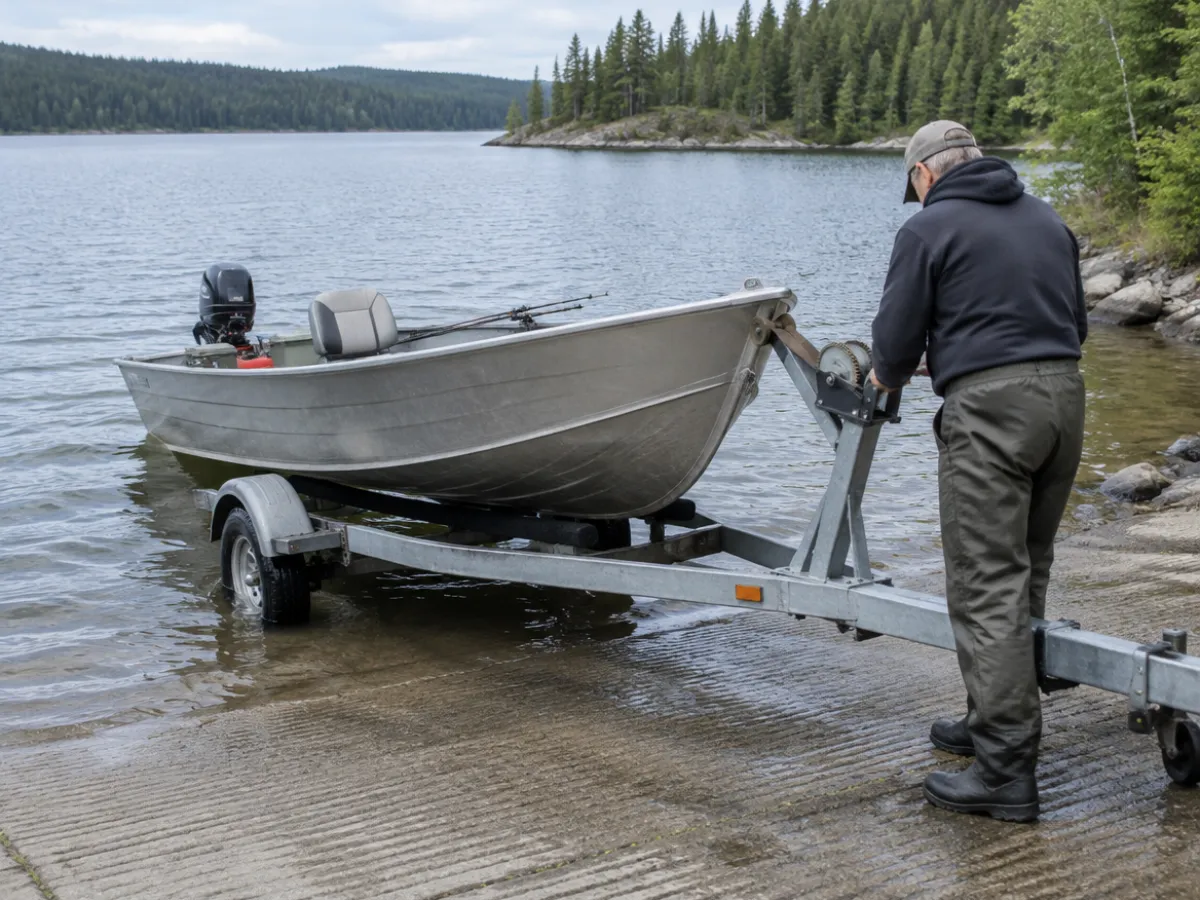 Illustration: a small aluminum boat being winched onto a trailer at the bottom of a boat ramp