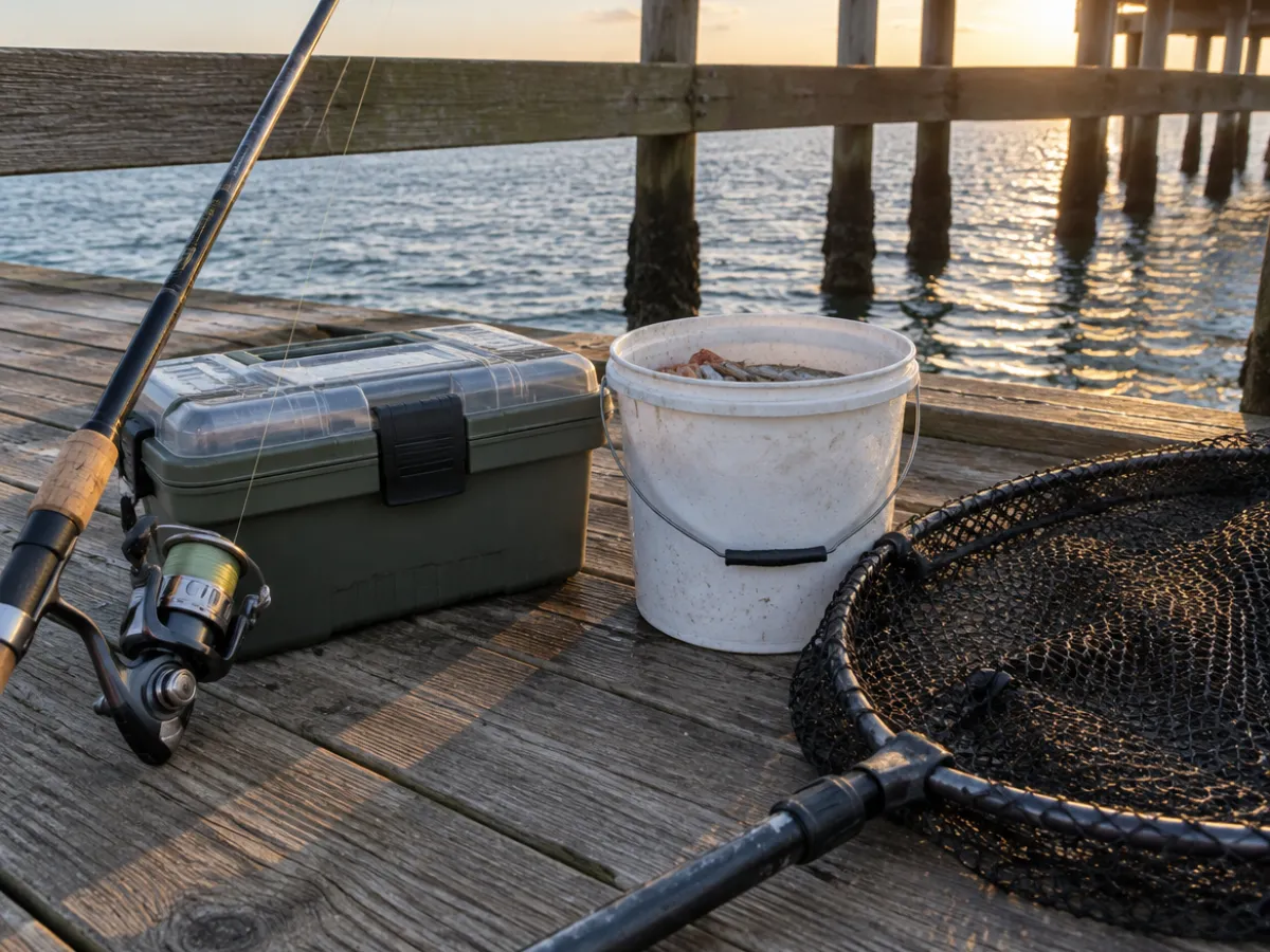 Illustration: fishing rod, tackle box, bait bucket and drop net on a fishing pier