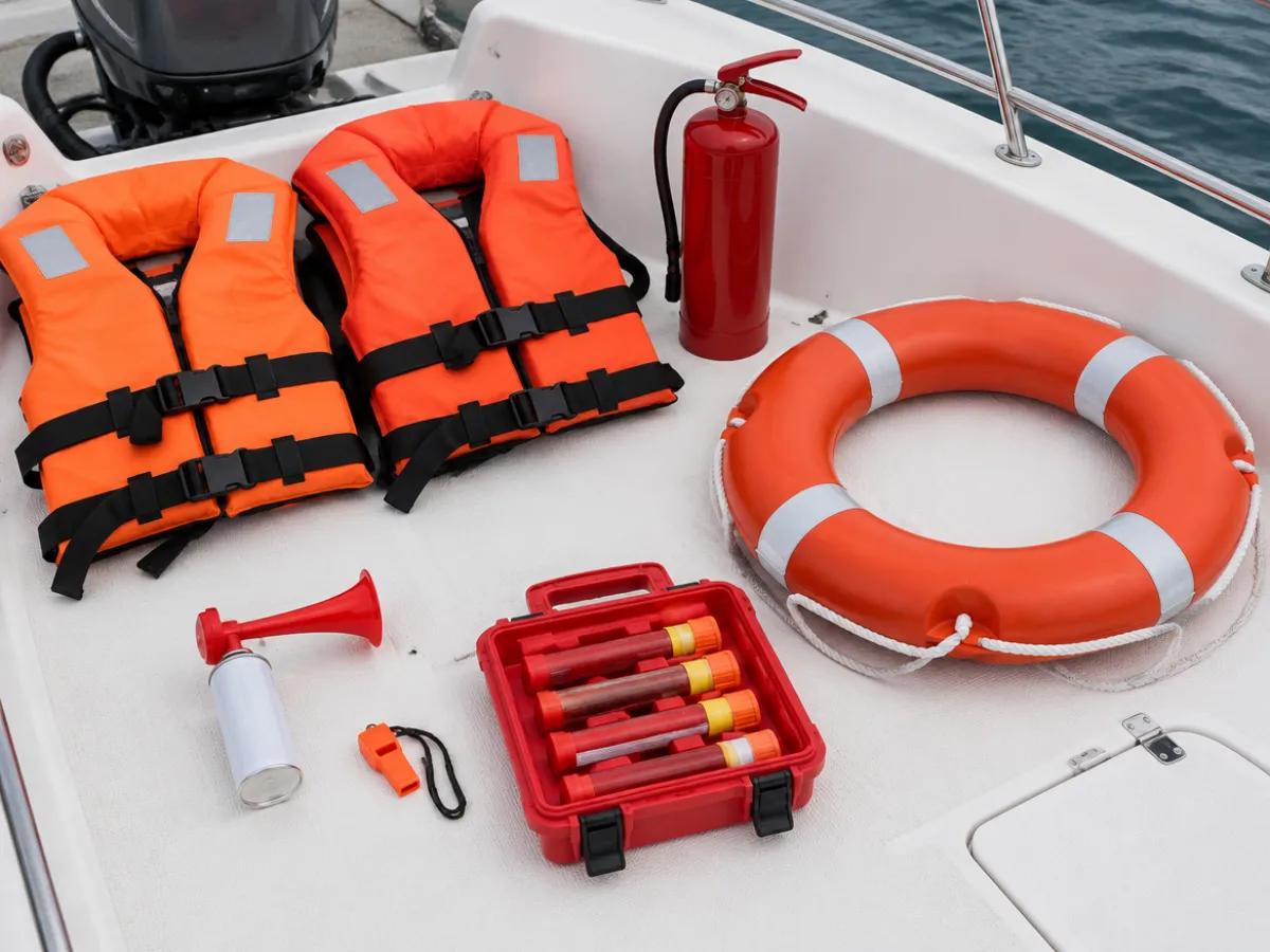 Illustration: life jackets, fire extinguisher, ring buoy, horn and flare kit on a boat deck